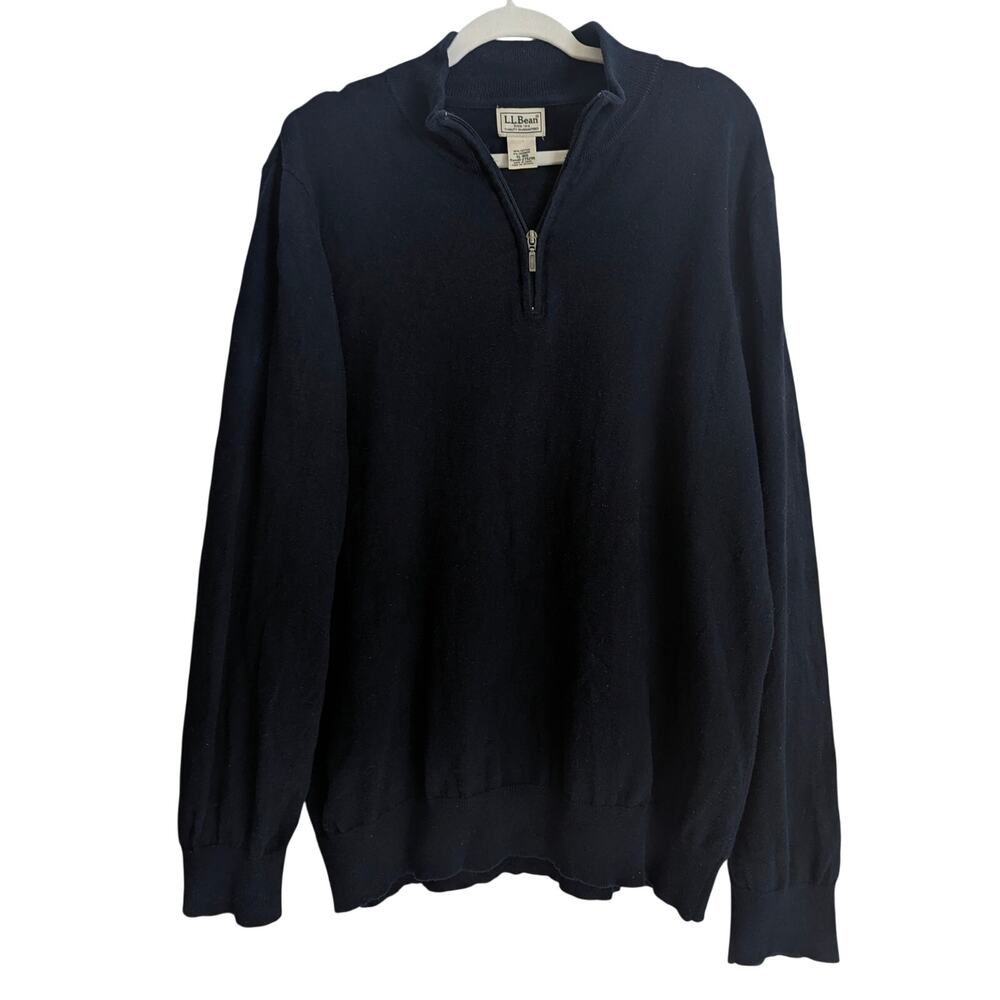 Mens LL Bean Navy Blue 1/4 Zip Classic Cotton Cashmere Blend Sweater Size XL